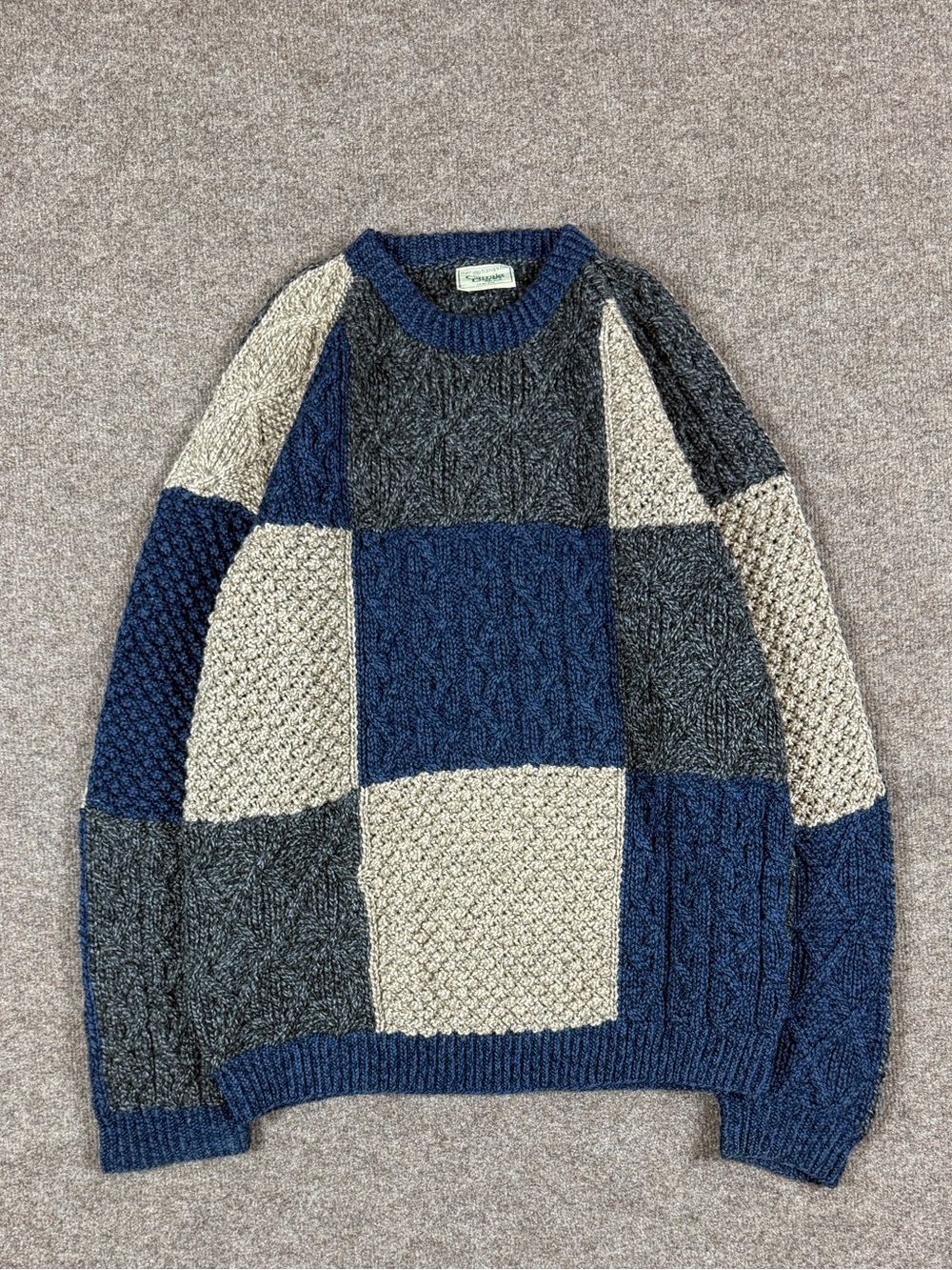Vintage 90s Hand Knit Merino Wool Colorblock Cableknit Crewneck Sweater Men’s XL